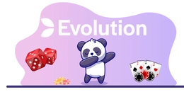 Panda stands in front of "evolution" text with dices, cards and chips
