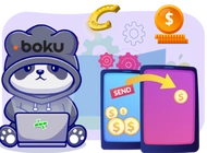 Panda wearing hoodie, making a money transfer.