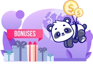 Panda flies with a coin looking ballons and there is a