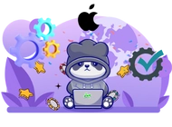 Panda uses a laptop and there is apple pay logo on it