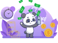 Panda with a mobile phone and lots of dollars