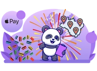 Apple pay logo with panda, fireworks and a map on background