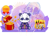 Panda with huge gift boxes and a slot machine