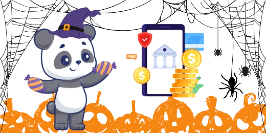 Panda with a witch hat and candies in a halloween themed room.