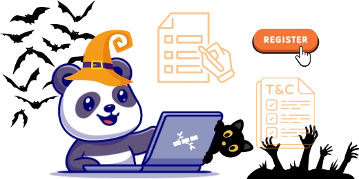 Panda with a witch hat surfing on laptop with bats behind it.