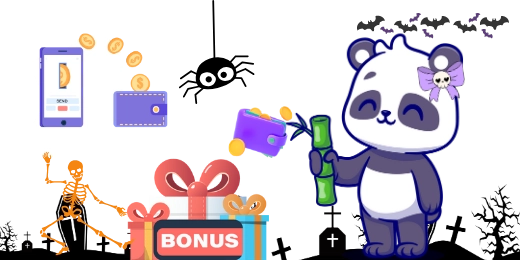 Panda holding a bamboo in a graveyard and there is a skeleton, spider and bats.