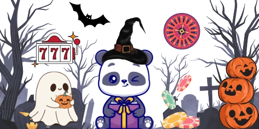 Panda with a witch outfit sitting with a cute ghost and pumpkins.