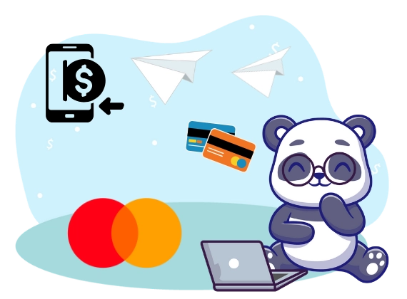 Panda is sitting with paper planes, cards and mastercard logo