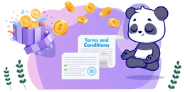 Panda with a terms and conditions list and gold coins.