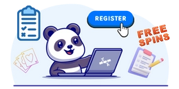 Panda surfing on the internet with "Free Spins" and "Register" text
