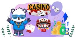 Cool panda next to slot machine and a gold coin pile.