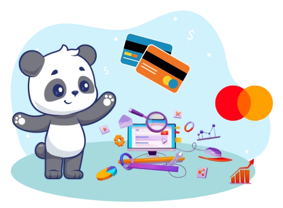 A panda is looking to cards and mastercard logo