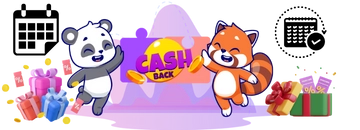 Two cute pandas celebrating with gift boxes and a calendar, with "Cash Back" in the center.