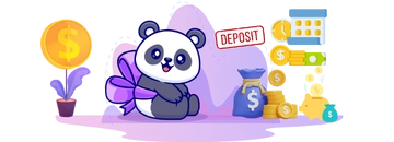A cute panda with a purple bow sitting near a money plant, with "DEPOSIT" and other financial symbols around it.