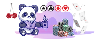 A cute panda reading a book and drinking coffee, surrounded by dice, poker chips, and playing cards.