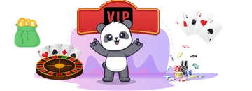 A happy panda celebrating with a "VIP" sign above it, surrounded by playing cards, a roulette wheel, and money bags.
