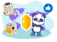 A cute panda holding a shield, surrounded by a world map, a clipboard with a checklist, playing cards, and a crown.