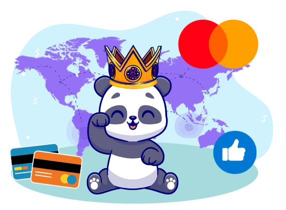 Panda with a crown sitting with credit cards and mastercard logo