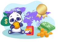 A panda holding a gold coin, with a money bag, a cash register, and stacks of money in the background.