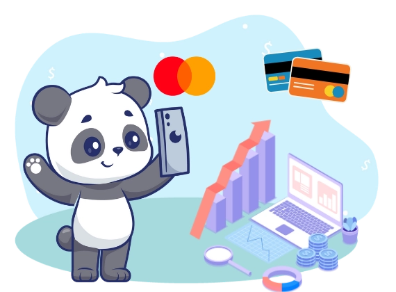 Panda with a mobile phone, mastercard logo and cards