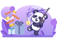 Panda with a fishing rod catching gold coin between gift boxes