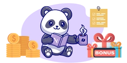 Panda reads a book with coffee in it's hand