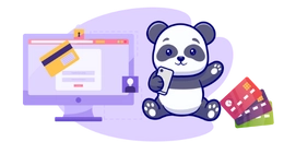 Panda looks on a screen with credit cards