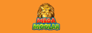 The logo for a slot game called "Mega Moolah," featuring a cartoon lion's head.
