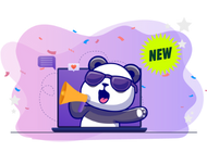Panda wearing sunglasses and holding a megaphone, popping out of a laptop screen with the word