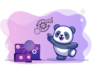 Panda pointing at a symbol of a clock and gear, with laptops, smartphones, and a checkmark below.