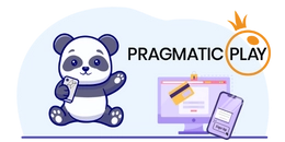 Panda holds a phone and sits next to a screen. "Pragmatic Play" text on it