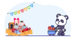 Panda carries chips to a pile of gift boxes