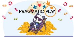 Panda with sunglasses relaxes on a gold coin pile, "pragmatic play" text on it.
