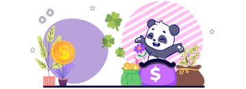 Joyful panda with big bags of gold coins