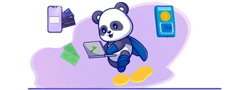 Panda flies on gold coins and carries a laptop