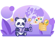 Panda with a coffee in it's hand reading a book