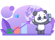 Panda with a mobile phone and increasing statistics behind it