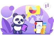 Panda with mobile phone and some gold coins