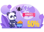 Panda carries gold coins with a wheelbarrow and there are