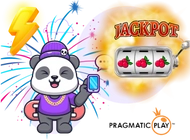 Panda with purple outfit stands next to a slot machine and pragmatic play logo