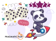 Panda flies on a rocket with dices and pragmatic play logo