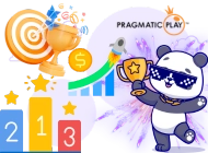 Panda holds a trophy next to a championship ladder and pragmatic play logo