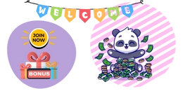 Panda with a pile of cash and coins, "welcome" "bonus" and "join now" texts