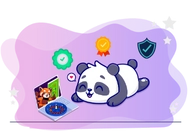 Panda lays down the ground and looking to a laptop screen
