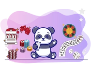 Panda with bunch of cards, slot machine, poker chips