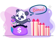 There is a panda in a purple bag, it says