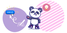 Panda wearing sneakers and stands next to "sign up" text
