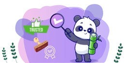 Panda holding a bamboo stick and magnifying glass and "trsuted" text.