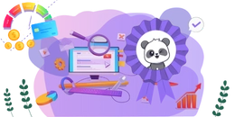 Panda with coins, screen, credit card and graphs.