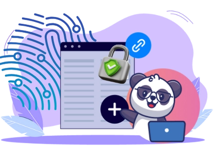 Happy panda cartoon character enjoying the benefits of a secure website, with a laptop, a padlock, a checkmark, and a link icon.